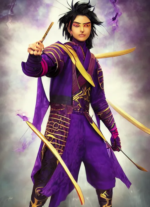 Image similar to An epic fantasy comic book style portrait painting of teenager boy with straight indigo hair, purple eyes with red eye markers, slim body, wearing a detailed Japanese kimono with golden armor details, holding a fan. Unreal 5, DAZ, hyperrealistic, octane render, cosplay, RPG portrait, dynamic lighting