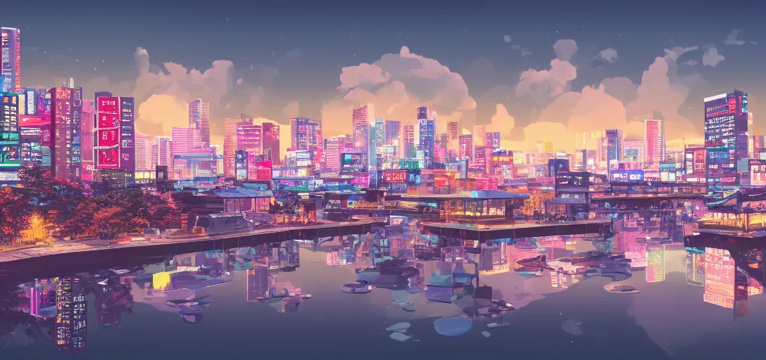 Image similar to very beautiful view of a modern japanese city at night, watery lake with dappled reflections, icy mountains in the background, calm clouds, colorful glow, neon lights, cinematic lighting, ultra detailed, sharp, ambient occlusion, raytracing, by dylan cole, sebastian meyer and jordan grimmer