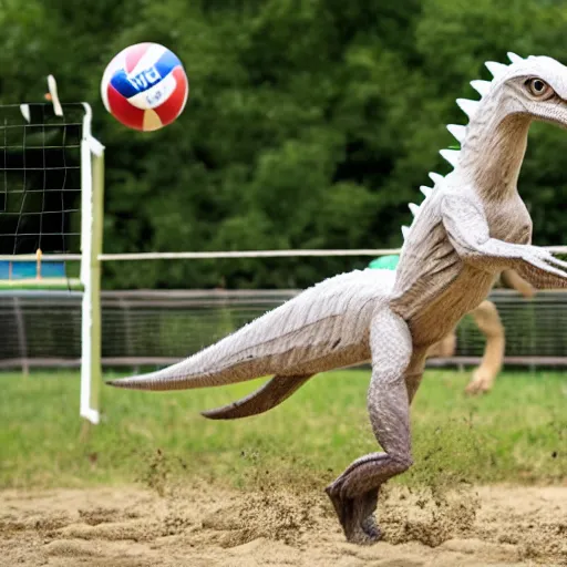 Prompt: a velociraptor playing volleyball with a horse