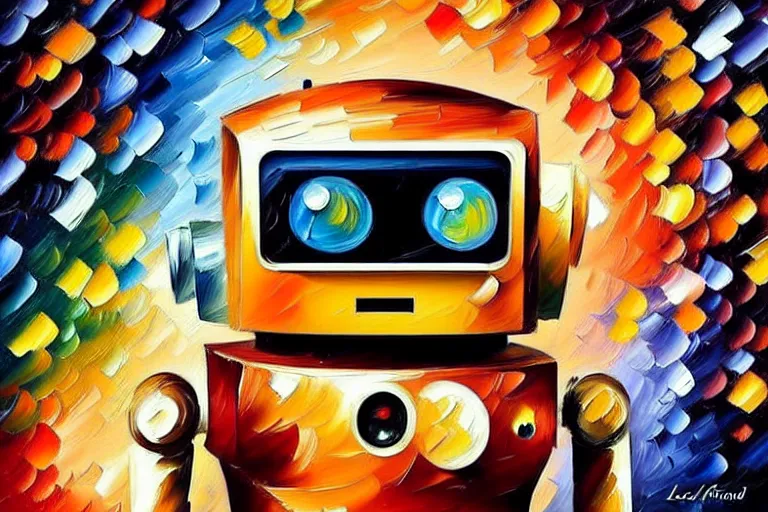 Image similar to a cute little robots painting by leonid afremov