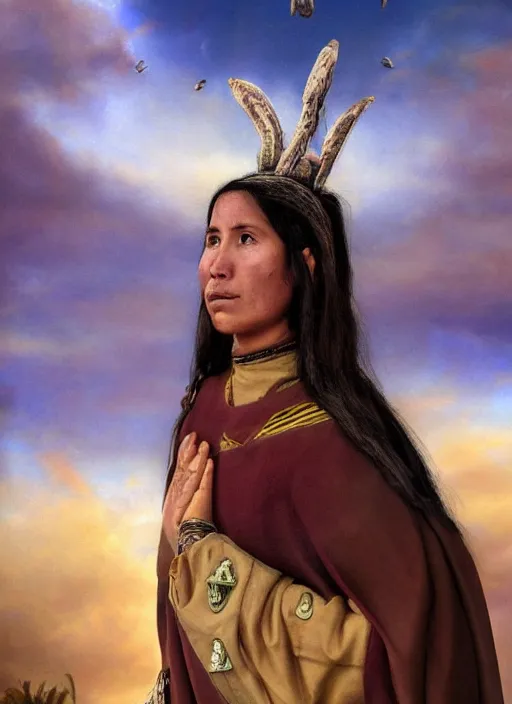 Image similar to incan female priest starring at the sky, with arms up, praying at the sky, realistic face, matte painting, fantasy art