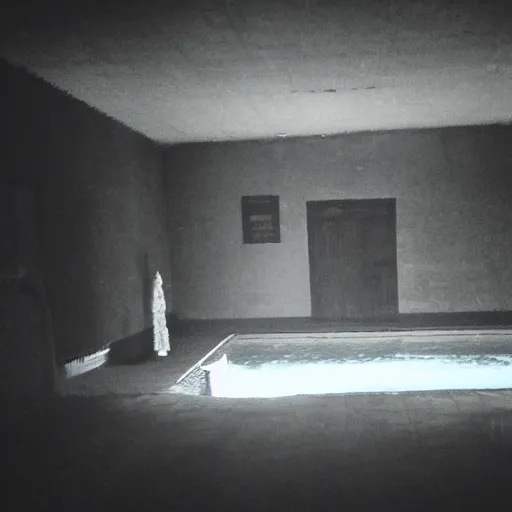 Image similar to insane nightmare, no light, everything is blurred, creepy shadows, swimming pool, very poor quality of photography, 2 mpx quality, grainy picture