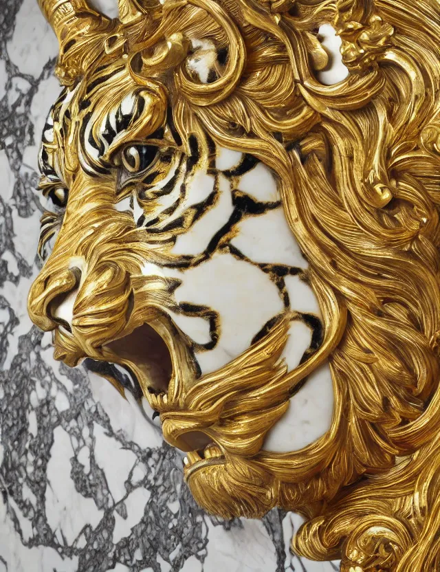 Prompt: beautiful portrait of a large ornate and intricate rococo carved marble and gold tiger face, 3 d, hyper detailed, gold plated on white marble, wallpaper pattern