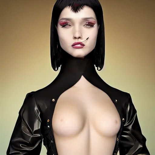 Image similar to A masterpiece portrait of a Incredibly beautiful futuristic high fashion queer rubber succub model girl . with a collar on her neck. barocco royal fetish dress. medium shot, intricate, elegant, highly detailed. trending on artstation, digital art, by Stanley Artgerm Lau, WLOP, Rossdraws, James Jean, Andrei Riabovitchev, Marc Simonetti, Yoshitaka Amano