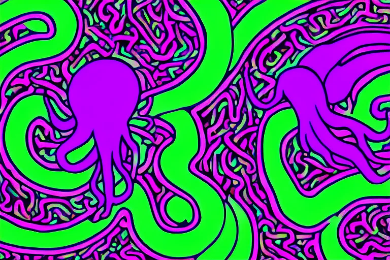 Image similar to digital art of a neon purple octopus floating in space by alex grey, neon outline, sharp lines, blurry background (arcylic), ((synthwave)),