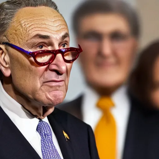 Prompt: Chuck Schumer as a magician pulling Joe Manchin out of a hat