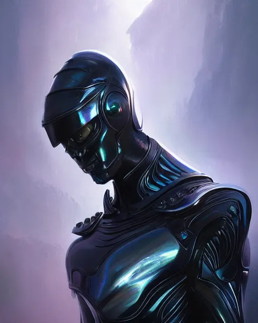 Image similar to iridescent sinewy smooth muscular male sleek glossy black pearlescent scifi armor with smooth black featureless helmet, by greg rutkowski and mark brookes and jim burns and tom bagshaw and magali villeneuve, trending on artstation