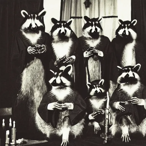 Image similar to vintage professional camera photo, a group of raccoons wearing dark cult robes look towards the camera in surprise and anger as they perform a dark occult evil ceremony inside the secret lair of an underground mystery cult, raccoon evil high priest in ornate robe leads the ritual, dramatic candlelight, pentagrams, ultra - detailed, photorealistic, 4 k