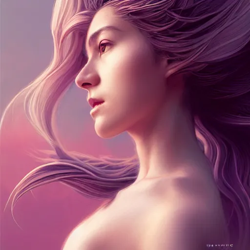 Prompt: 3 / 4 view of a portrait of woman with flowy hair, bird wings, confident pose, pixie, genshin impact,, intricate, elegant, sharp focus, illustration, highly detailed, concept art, matte, trending on artstation, bright colors, art by wlop and artgerm and greg rutkowski, marvel comics h 6 4 0
