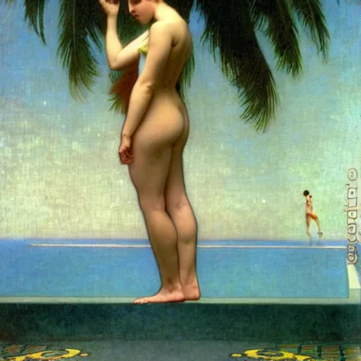 Image similar to Moon girl at the palace, thunderstorm, greek pool, beach and palm trees on the background major arcana sky, by paul delaroche, alphonse mucha and arnold böcklin arnold böcklin hyperrealistic 8k, very detailed