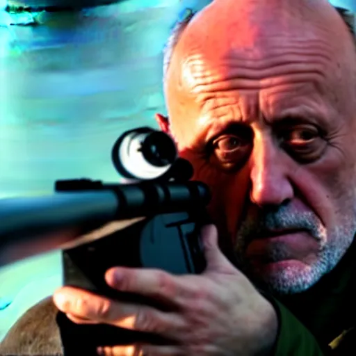 Image similar to film still of mike ehrmantraut aiming with a sniper rifle on a rooftop, 4 k, highly detailed