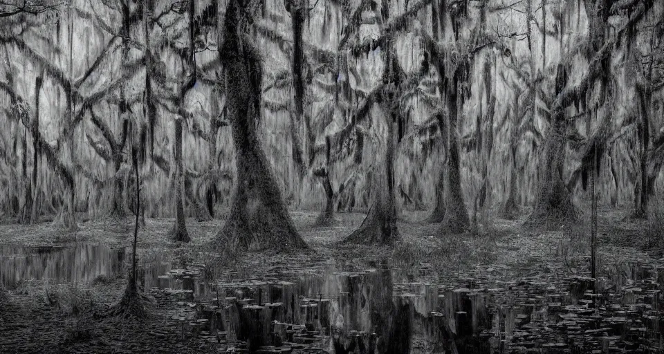 Image similar to A dense and dark enchanted forest with a swamp, by burns jim