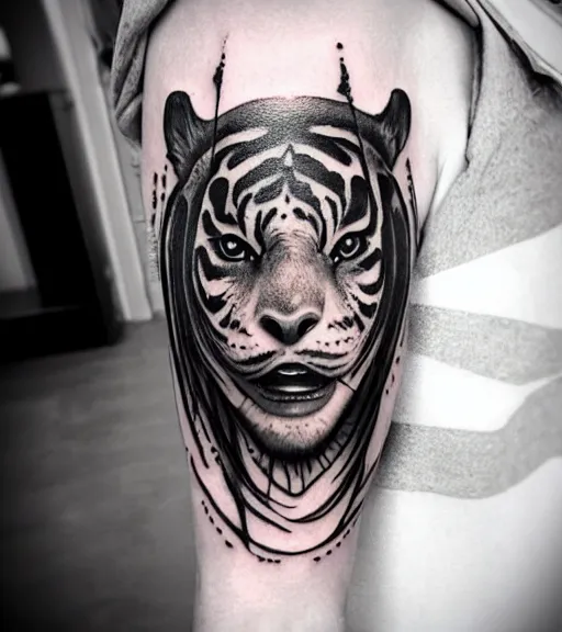 Image similar to tattoo design of a beautiful girl warrior below a tiger head, hyper realistic, realism tattoo, by eliot kohek, beautiful eyes, realistic face, black and white, white background