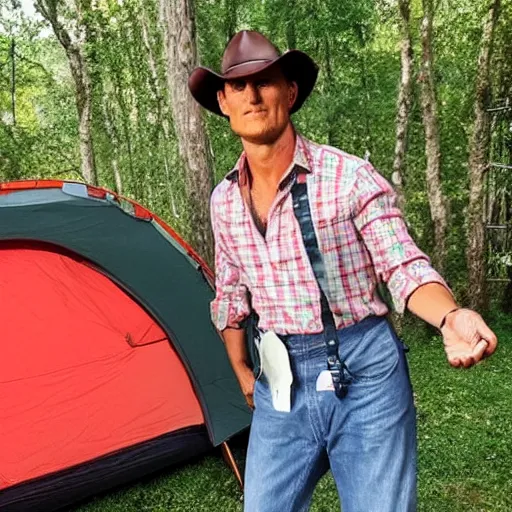 Image similar to a man who is a combination of woody Harrelson and Mathew McConaughey is wearing a red bandana and trying to sell you a tent trailer