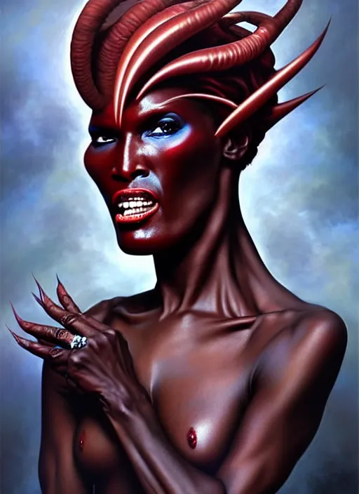 Prompt: grace jones as an devil, aesthetic, fine art, intricate, elegant, highly detailed, realistic hair, centered, digital painting, art station, conceptual art, soft, sharp focus, illustration, artwork, artgerm, tomasz alen kopera, peter mohrbacher, donato giancola, wlop, boris vallejo