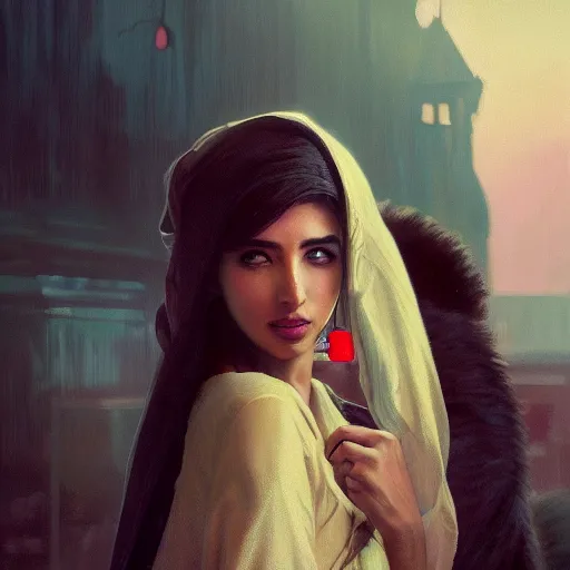 Image similar to a Photorealistic dramatic hyperrealistic render of an arab ameera al taweel, green tan skin, eyes, red hair, white veil, with a pet lion by WLOP,Artgerm,Greg Rutkowski,Alphonse Mucha, Beautiful dynamic dramatic dark moody lighting,shadows,cinematic atmosphere,Artstation,concept design art,Octane render,8K