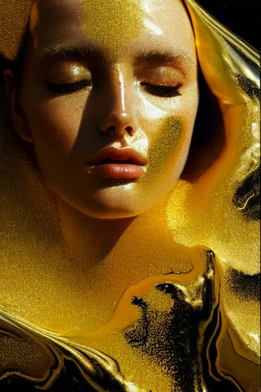 Prompt: 3 d, close - up, liquid gold and black water, sleepy fashion model, morning, sun rays, vogue cover style, poster art, hyper detail, intricate oil painting, multiple exposure, morning mood, 3 d, by tooth wu and wlop and beeple and greg rutkowski