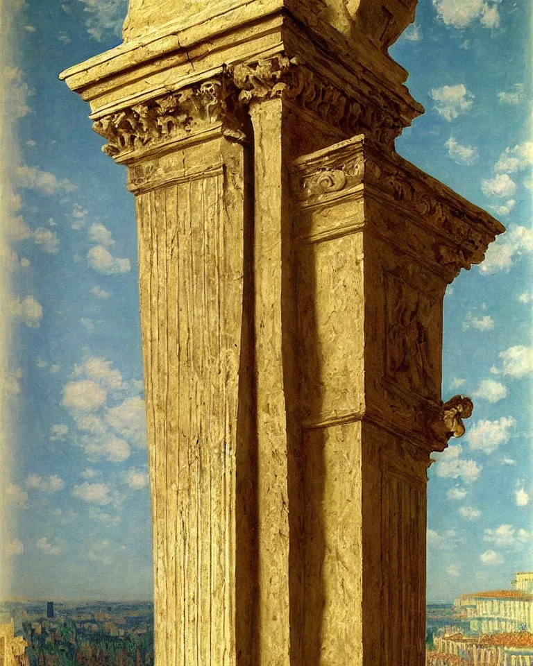 Prompt: achingly beautiful painting of intricate ancient roman corinthian capital on sherbet background by rene magritte, monet, and turner. giovanni battista piranesi.