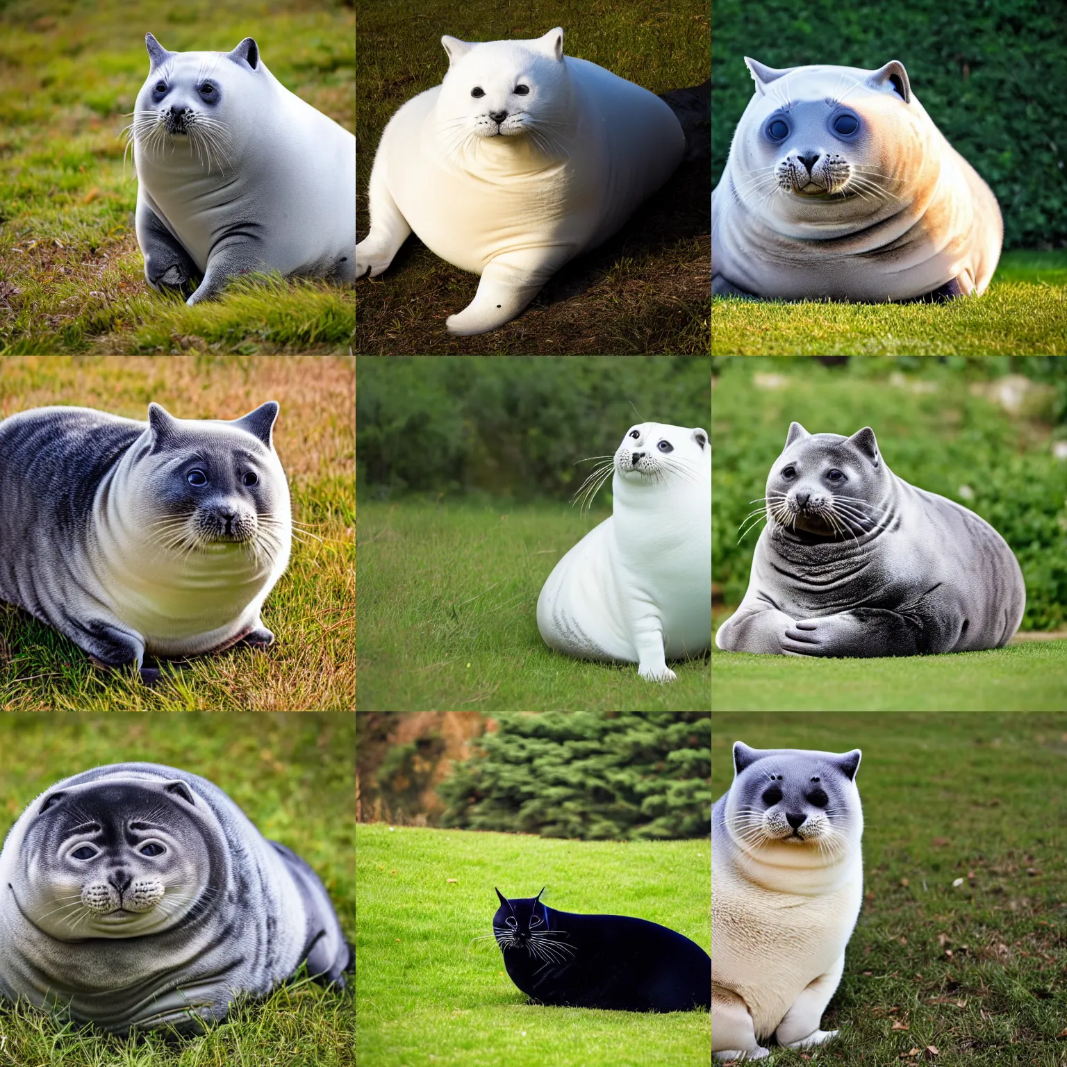 Prompt: Extreme Mega Chonker Cat that looks like a (((fat seal))) sitting in the grass, oh lawd he coming, professional photo, full body view, XF IQ4, 150MP, 50mm, F1.4, ISO 200, 1/160s, natural light