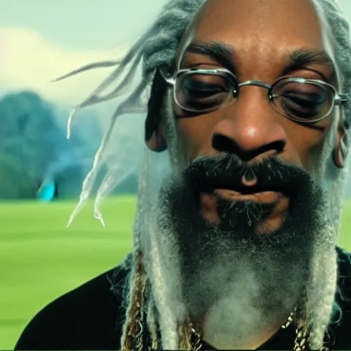 Prompt: snoop dogg with white hair and white beard as gandalf the white, exhaling a huge cloud of magical purple smoke in the vast and lush green fields of the shire, Japanese CGI, VFX, 2003, 40mm lens, shallow depth of field, film photography, volumetric lighting, highly detailed, ultrarealistic