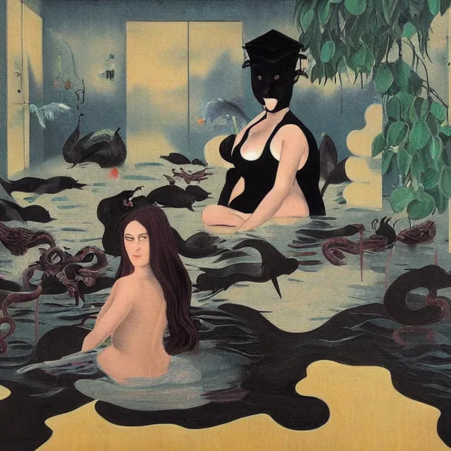 Image similar to emo catgirl artist in her flooded apartment, painting of flood waters inside an artist's home, a river flooding indoors, pomegranates, pigs, ikebana, zen, water, octopus, river, rapids, waterfall, black swans, canoe, berries, acrylic on canvas, surrealist, by magritte and monet