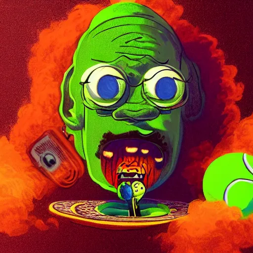 Image similar to snoop dogg tennis ball monster ,tennis ball, digital art, smoke, fantasy,chalk, magic, trending on artstation, ultra detailed, professional illustration by Basil Gogos