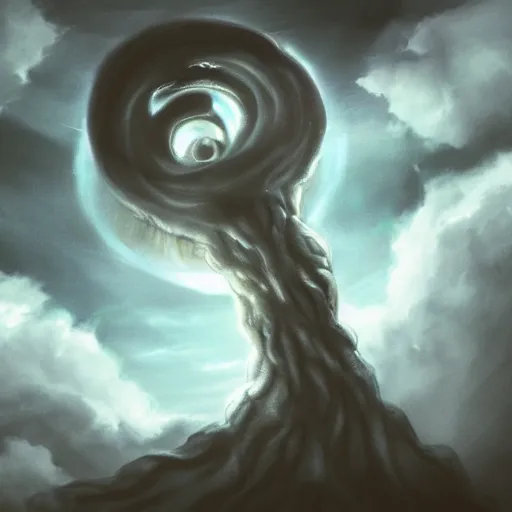 Prompt: a creepy eldritch lovecraftian monster in the clouds, realistic lighting