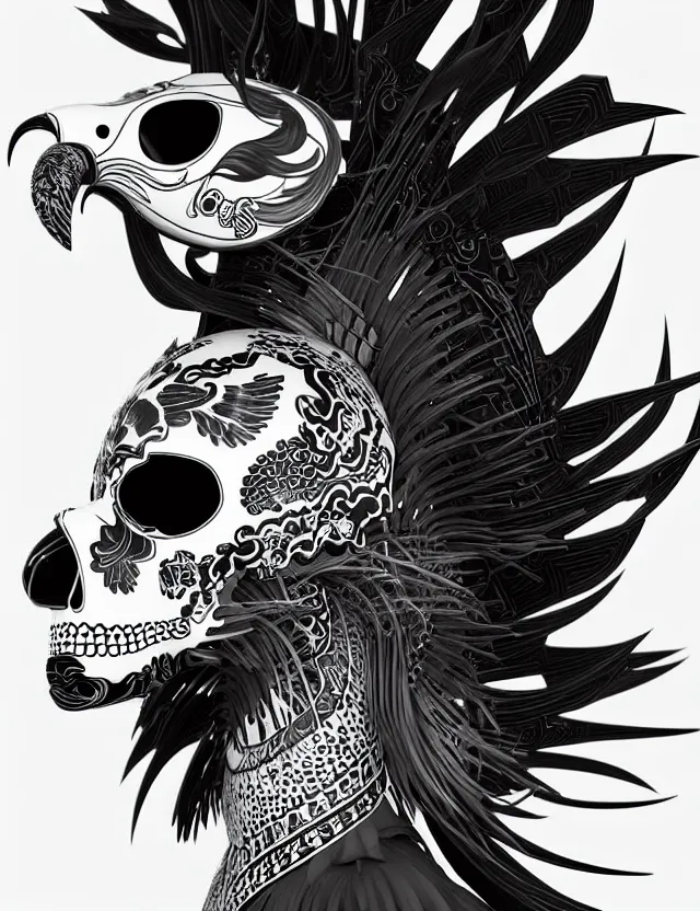 Image similar to 3 d goddess close - up profile simple portrait punk skull with mohawk with ram skull. beautiful intricately detailed japanese crow kitsune mask and clasical japanese kimono. betta fish, jellyfish phoenix, bio luminescent, plasma, ice, water, wind, creature, artwork by tooth wu and wlop and beeple and greg rutkowski