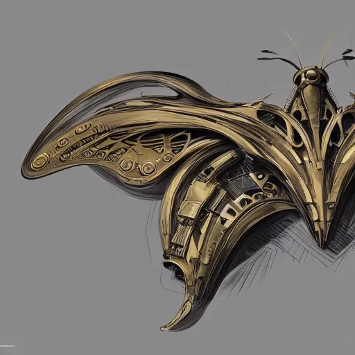 Prompt: steampunk scifi tech hardsurface shaped like a moth, form exploration, big medium small, artstation, colored marker, syd mead, hr giger, concept art