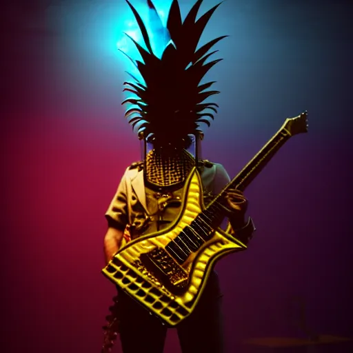 Image similar to a steampunk pineapple, playing electric guitar at a night club, focus on the pineapple, cinematic lighting, exaggerated detailed, unreal engine, octane render, trending on artstation, art by greg rutkowski, 4 k