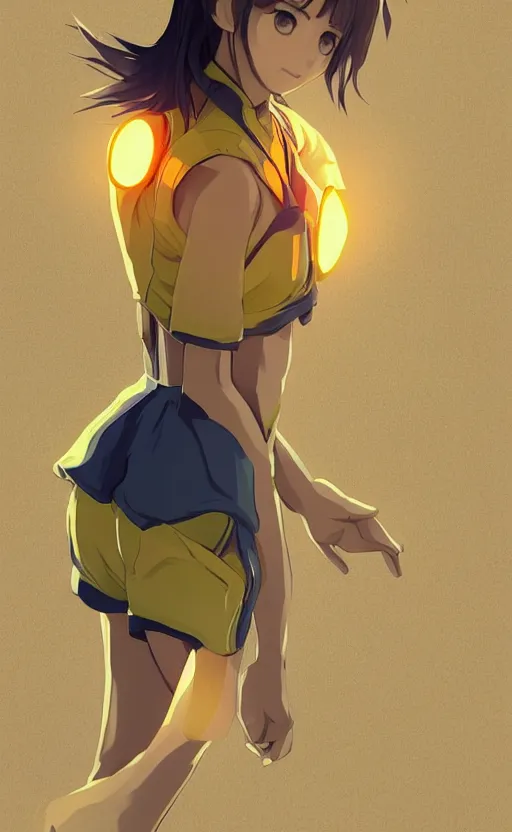 Image similar to character design, manga style, realistic lighting, futuristic solid colors, made by ilya kuvshinov, uploaded on safebooru, from arknights, female beach volley player, elegant, futuristic yellow lens, sport clothing, visible feets, simple background