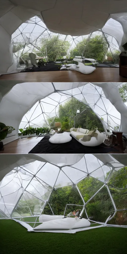Prompt: inside an inflatable organic geodesic home. The inflatable fabric is translucent white with black stitching. A very tall double-height living room and kitchen. The fabric bulges like a balloon with the inflated pressure. The mesh fabric has a strong woven texture. The inflatable geodesic has a cellular geometry. On the floor of the living room is a hydroponic garden. Architectural photography. Unreal engine, 4K, 8k. Volumetric Lighting