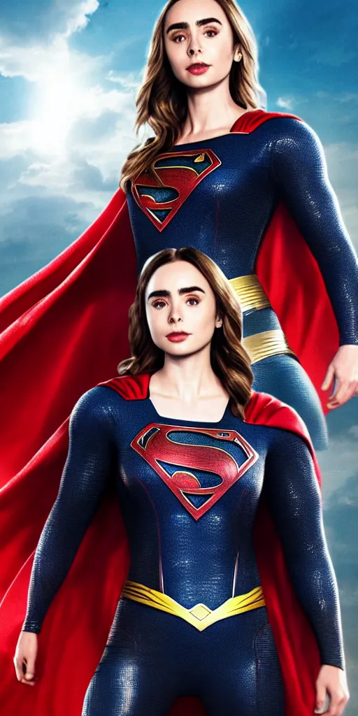 Image similar to a potrait of Lily Collins as Supergirl with man of steel suit style and full armour by Zack Snyder, 8k photorealistic, cinematic lighting, HD, high details, dramatic, trending on artstation, view from above