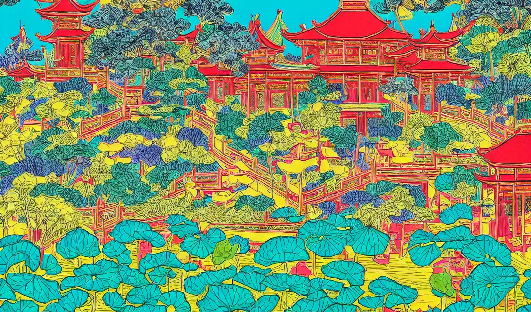 Prompt: detailed close - up image of magnificent chinese palace with a garden and a lotus pond, pop - art style, jacky tsai style, andy warhol style, roy lichtenstein style, rich palette, acrylic on canvas