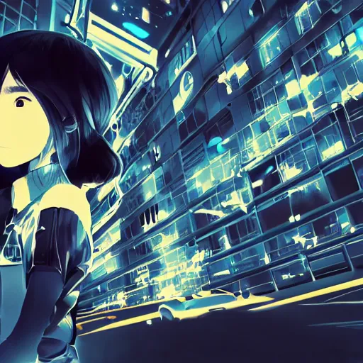 Image similar to Frequency indie album cover, luxury advertisement, blue filter, blue and black colors. Clean and detailed post-cyberpunk sci-fi close-up schoolgirl in asian city in style of cytus and deemo, blue flame, relaxing, calm and mysterious vibes, by Tsutomu Nihei, by Yoshitoshi ABe, by Ilya Kuvshinov, by Greg Tocchini, nier:automata, set in half-life 2, Matrix, GITS, Blade Runner, Neotokyo Source, Syndicate(2012), dynamic composition, beautiful with eerie vibes, very inspirational, very stylish, with gradients, surrealistic, dystopia, postapocalyptic vibes, depth of field, mist, rich cinematic atmosphere, perfect digital art, mystical journey in strange world, beautiful dramatic dark moody tones and studio lighting, shadows, bastion game, arthouse