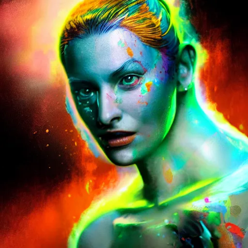 Image similar to improbability, octane render, portrait made of paint, splashes of colors, comic book art, highly detailed