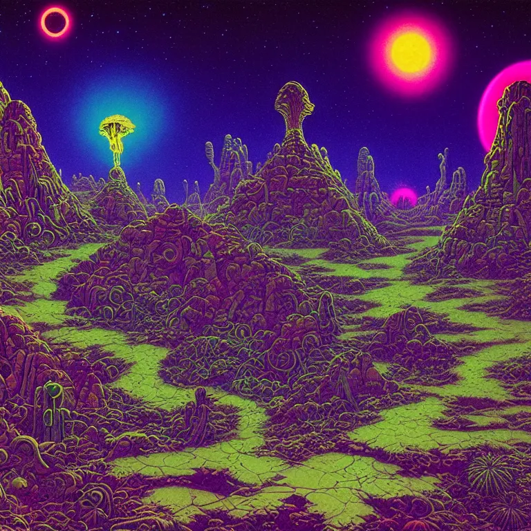 Image similar to astral projectors in mysterious desert canyon at night, infinite sky, synthwave, bright neon colors, highly detailed, cinematic, tim white, philippe druillet, roger dean, ernst haeckel, lisa frank, aubrey beardsley, kubrick, kimura, isono