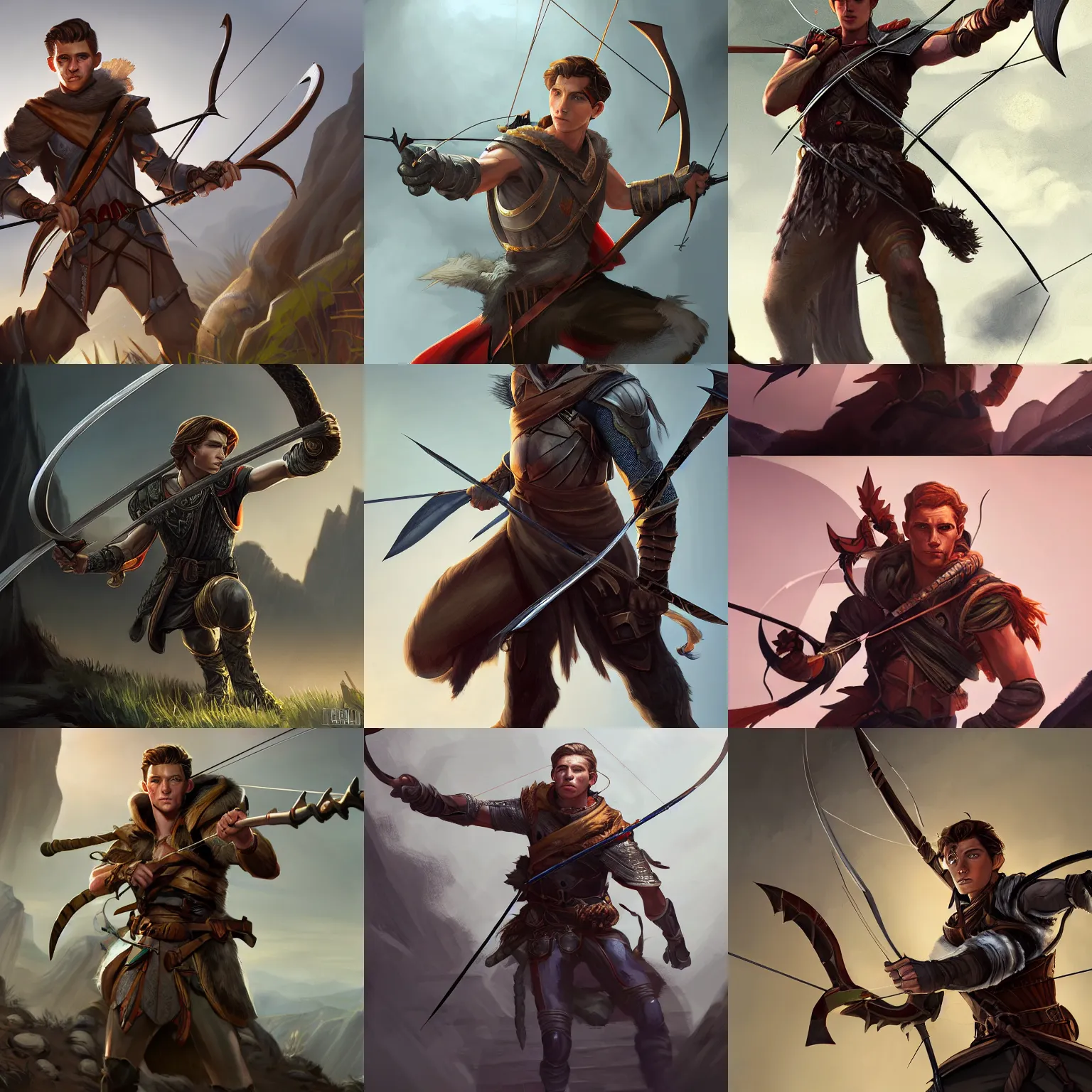 Prompt: dnd archer male with face Tom Holland, ledding dnd characters as argonauts, Colchians painting, dynamic lighting, photorealistic concept art, trending on art station, stunning visuals, creative, cinematic, ultra detailed