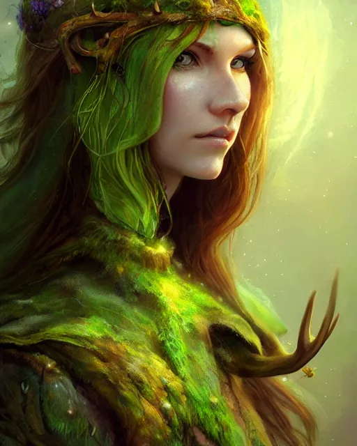 Prompt: female druid, perfect face, thin antlers, green tunic, ginger hair, cinematic, freckles, stunning, highly detailed, psychedelic, digital painting, artstation, smooth, hard focus, illustration, art by jessica rossier and and brian froud
