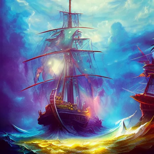 Prompt: mystical ship with kraken pulling it underwater, beautiful composition, wide angle, colorful, cinematic, volumetric lighting, intricate details painting