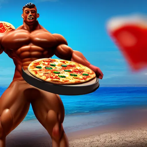 Image similar to render of muscular pizza man, beach background