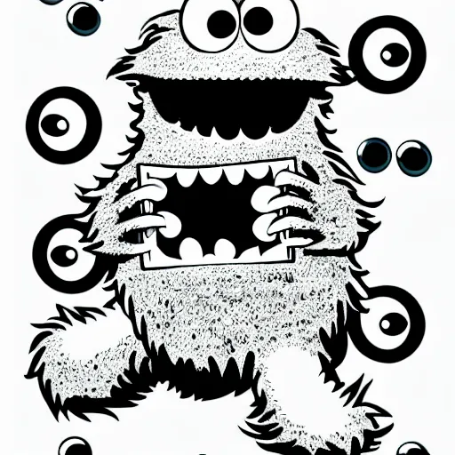 Prompt: book illustration of cookie monster with eight eyes, book illustration, monochromatic, white background, black and white image