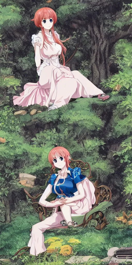 Prompt: a queen of love sitting by herself on a sofa in a forest, drawn by CloverWorks,