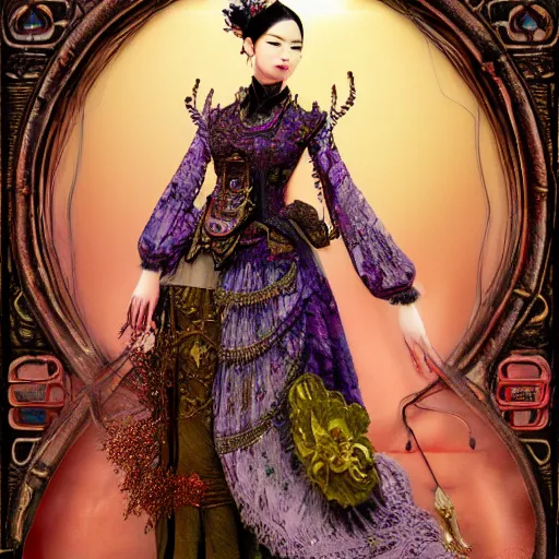 Image similar to photorealistic soft paint of absurdities and curiosities, single very beautiful asian princess full long dress, ultra deep fog, purple black lustrous thin haircut, partial symmetry accurate features, focus, very intricate ultrafine details, award winning masterpiece, steampunk world, rudolf freund