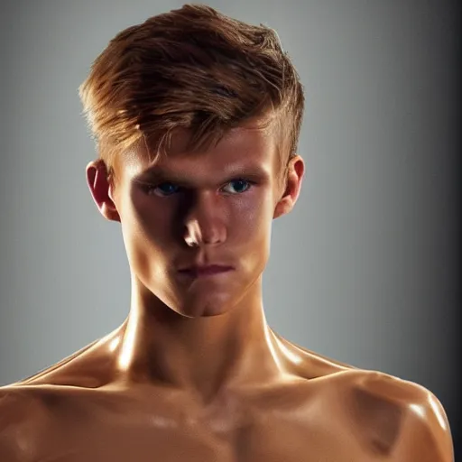 Image similar to a realistic detailed photo of a guy who is an attractive humanoid who is half robot and half humanoid, who is a male android, soccer player martin ødegaard, shiny skin, posing like a statue, blank stare, in a living room, on display, showing off his muscles, gold soccer shorts