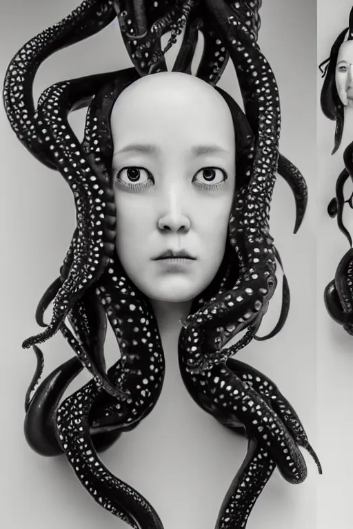 Image similar to full head and shoulders, beautiful porcelain female person, with lots and lots of black, realistic eyeballs, smooth, delicate facial features, white lashes, 3 d white shiny thick, large octopus tentacles in hair, standing in an art gallery by daniel arsham and james jean