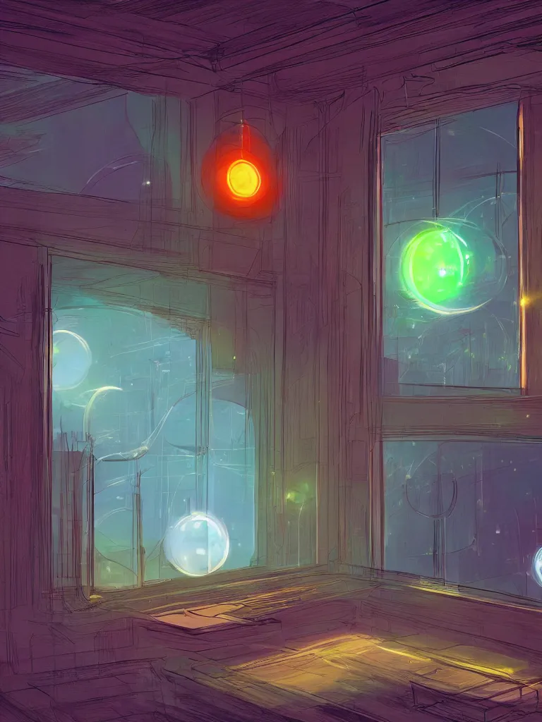 Image similar to neon orbs shining through a window by disney concept artists, blunt borders, rule of thirds