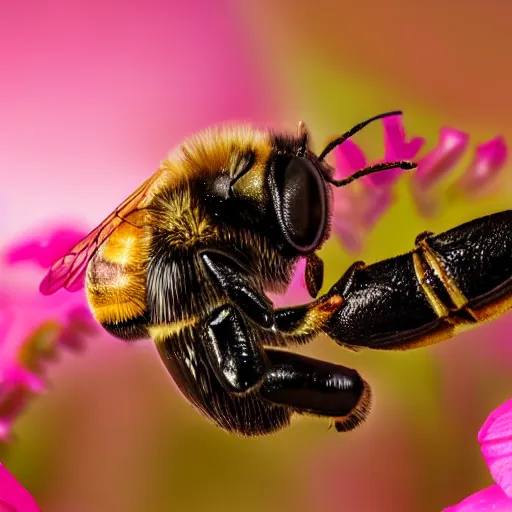 Image similar to an extreme close - up portrait of a bee on a flower, photographic filter, unreal engine 5, realistic, hyperdetailed, 8 k, cinematic, volumetric lighting, very realistic effect, hd, hdr, 4 k, sharp focus, octane render, ultra detailed, high resolution, trending on artstation in the style of albert dros glowing rich colors powerful imagery