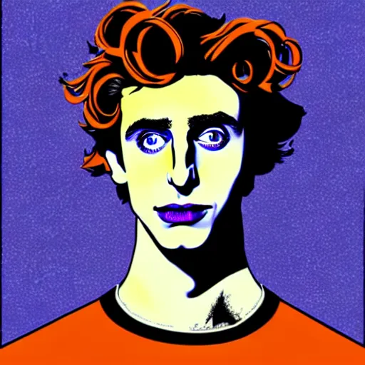 Image similar to vector art solarized screenprint of timothee chalamet as dream of the endless ( sandman ) by brian bolland and andy warhol