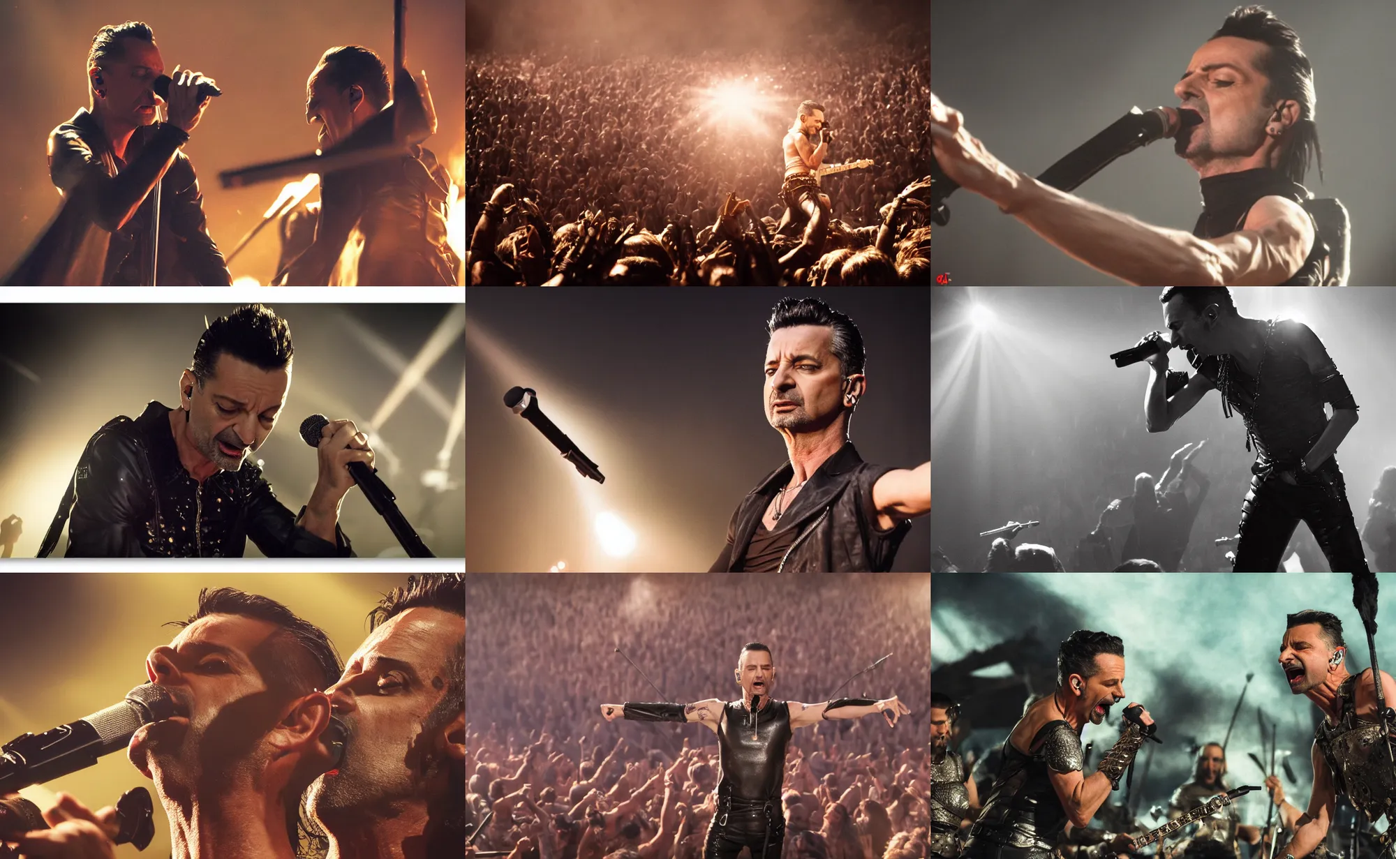 Prompt: epic cinematic close up artwork of dave gahan performing live on a battlefield to medieval warriors by greg rutowski, 4 k, sun rays, masterpiece